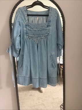 free people retro kitty dress Free People Retro Kitty Crochet Trim Dress Ivory Blue Medium M NWT $128 OB957251